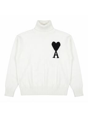 AMI Paris White Turtleneck Sweater with Black Heart Logo